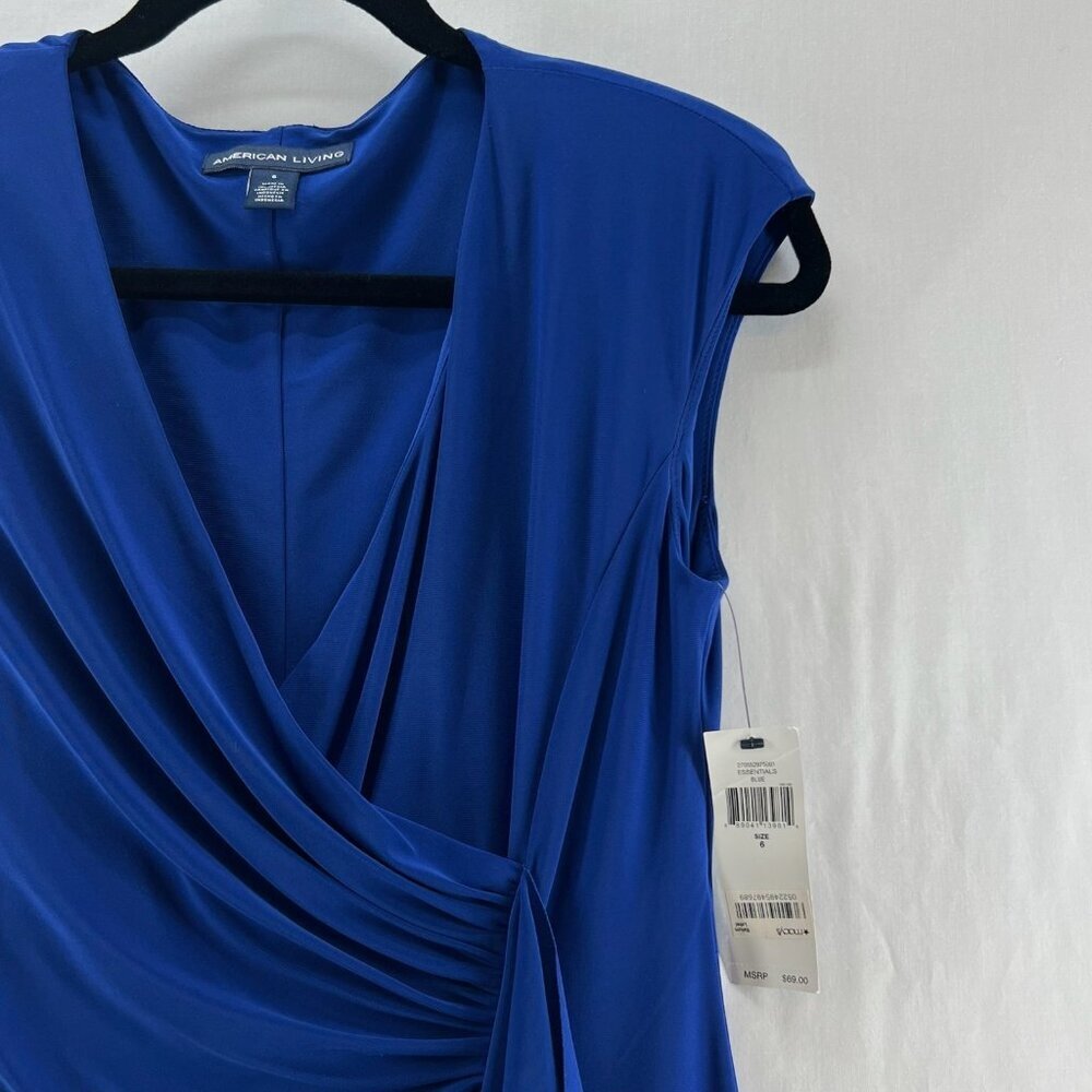American Living Ruffled Faux-Wrap Dress Womens 6 Ruched Sleeveless Stretch Blue - Picture 6 of 13